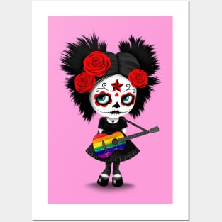 Sugar Skull Girl Playing Gay Pride Rainbow Flag Guitar Posters and Art
